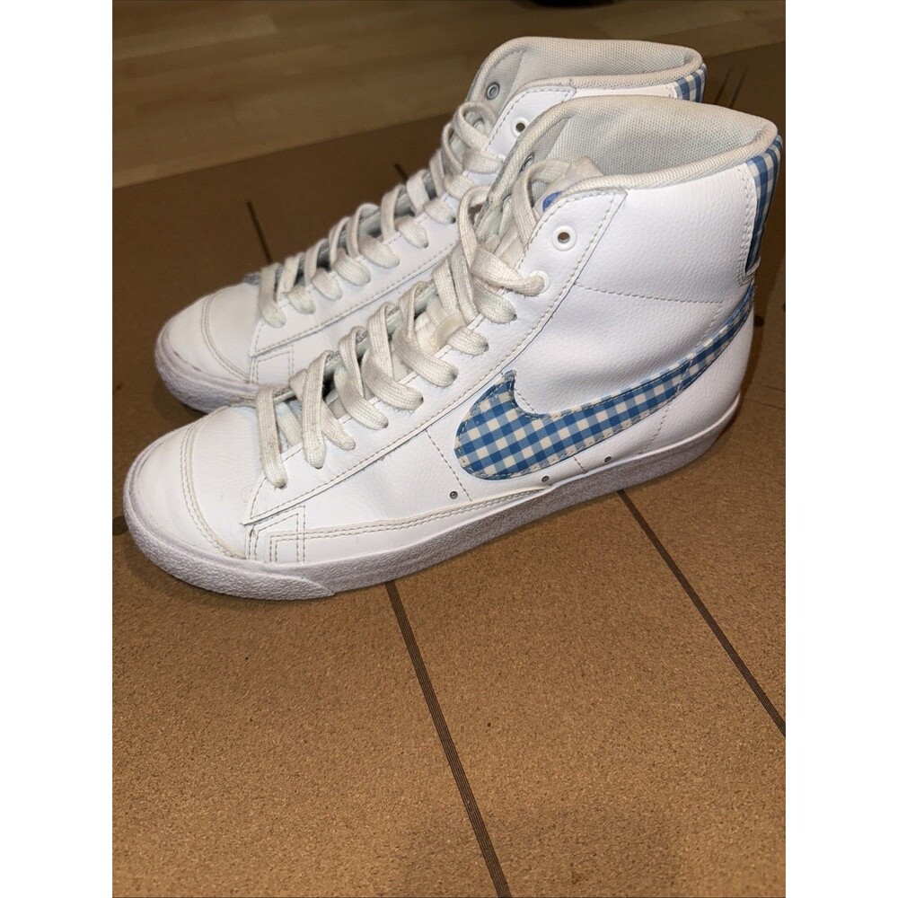 Nike White High-Top Sneakers with Blue Gingham Swoosh